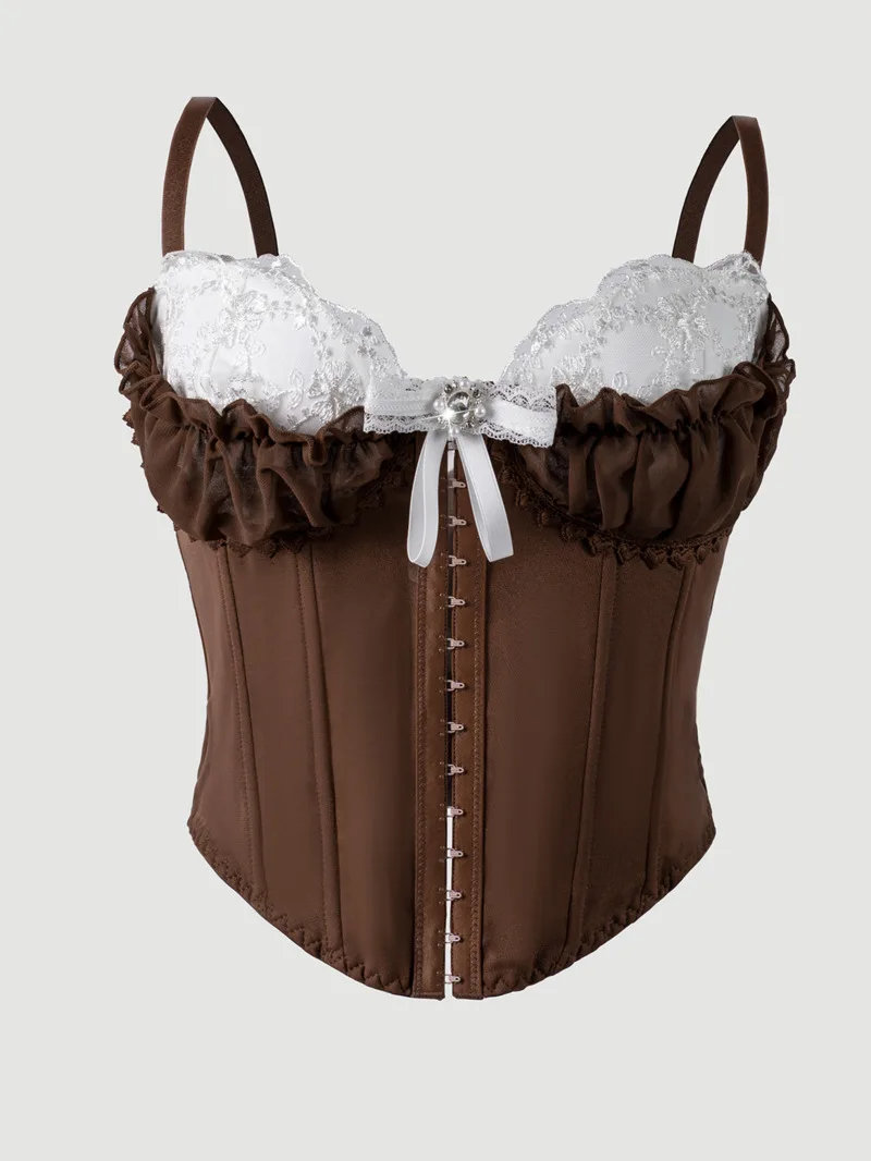 Sexy Top Mesh Lace Patchwork Cotton Hot Girl Fishbone Strap High-end Wear Top For Women Bowknot Pure Desire Vest Charming PWGG