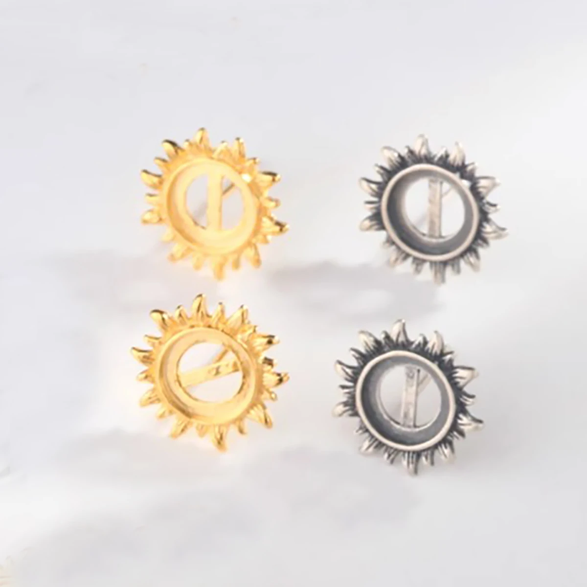 925 Sterling Silver Sun Flower Earring Blank Bezel Base Setting 7.5mm Round Cabochon DIY Earring Jewelry Craft Making