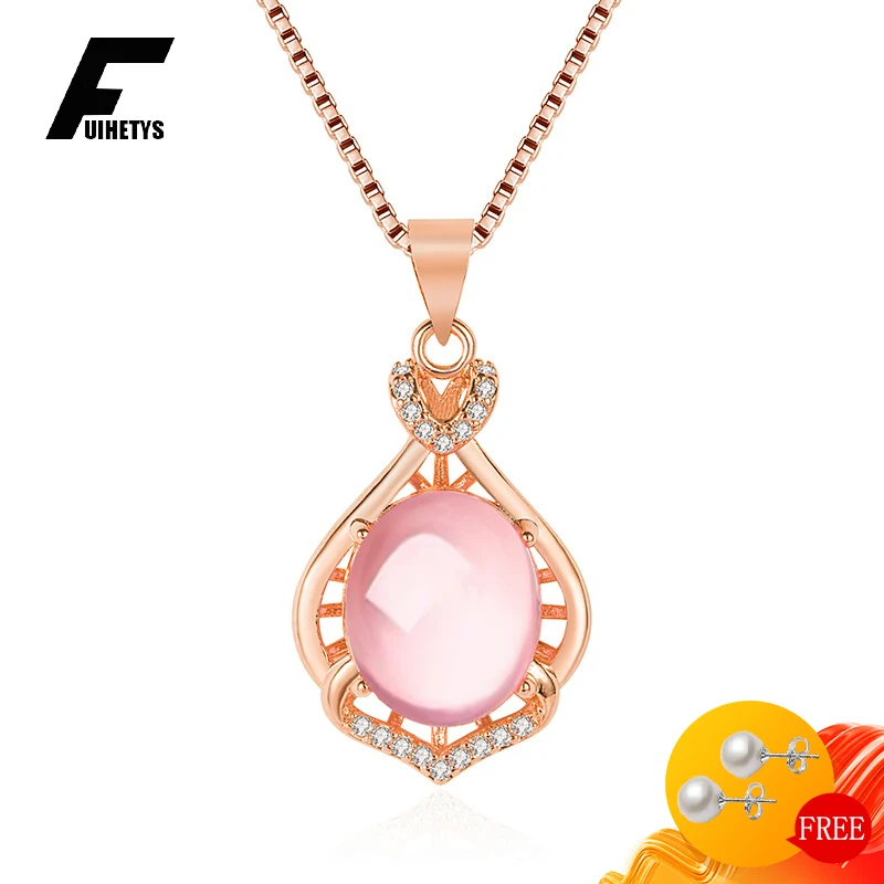 925 Silver Jewelry Necklace for Women Wedding Engagement Accessories Oval Rose Quartz Zircon Gemstone Water Drop Shape Pendant