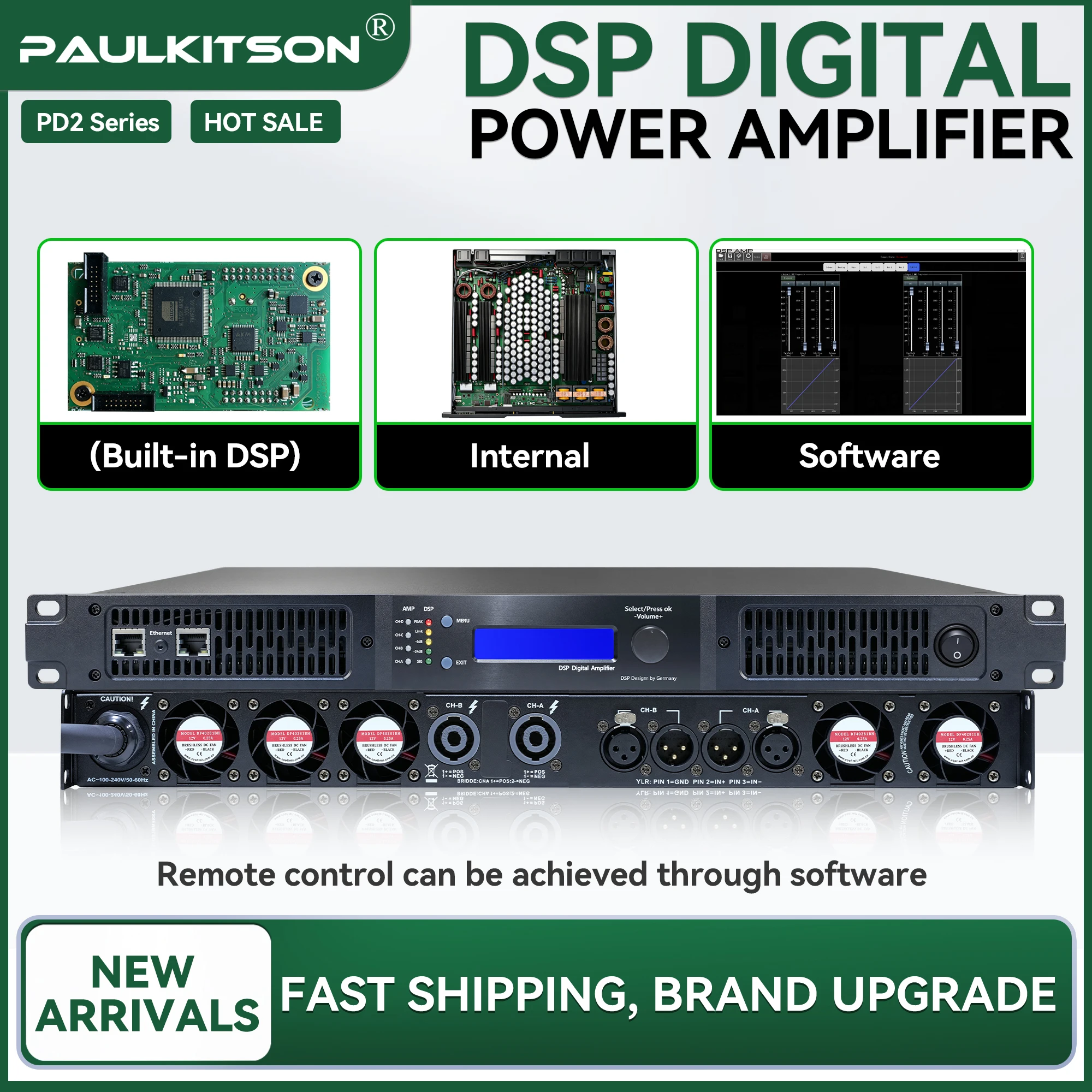 Image of Paulkitson PD2-42DSP Professioneller Leistungsverstärker | 2×4200W RMS @8Ω 2-Kanal-Verstärker für DJ-Subwoofer, Line-Array-Lautsprecher
