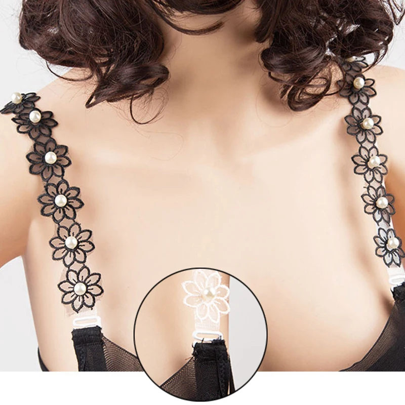 Non-Slip Underwear Strap Adjustable Invisible Flowers Lace Beads Sexy Bra Strap Holder Fashion Women Bra Buckles Strap Pearl