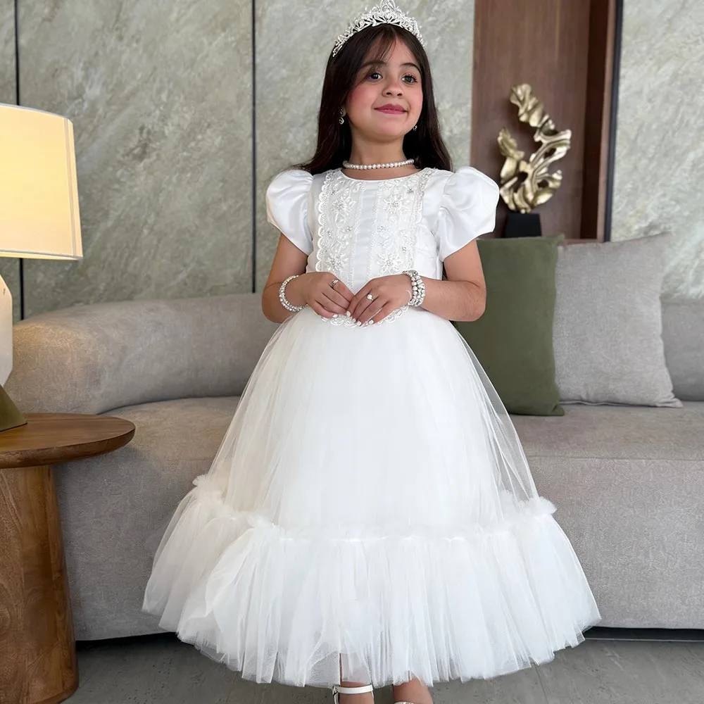 

Satin Birthday Dress Beads Lace Flower Girl Dresses A-line Dress For Girls Ivory Girl Princess Dress O-neck Puffy Kids' Dresses