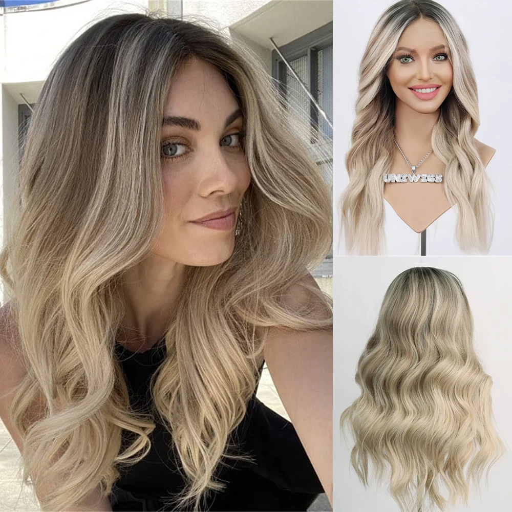 White Blonde Balayage Blend Human Hair Lace Front Wig Body Wave Synthetic Wig Glueless Preplucked Long Wavy Wigs for White Women