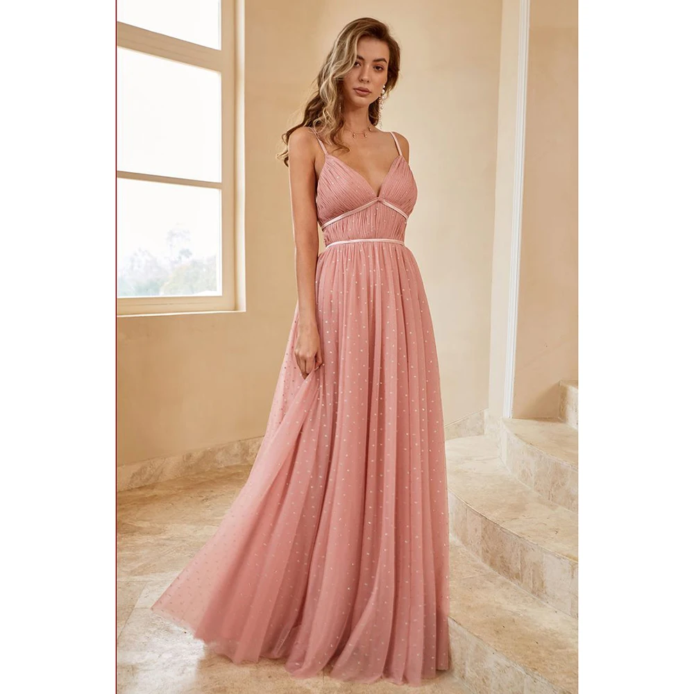 

High Quality Pink Bridesmaid Dresses Sweetheart Spaghetti Strap Floor Length A-Line Sweet Pretty Women Prom Banquet Gowns