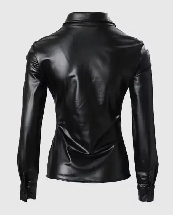 Women\'s Faux Leather Button Front Shirt with Ruched Lapel Collar Stylish and Comfortable Long Sleeve Top
