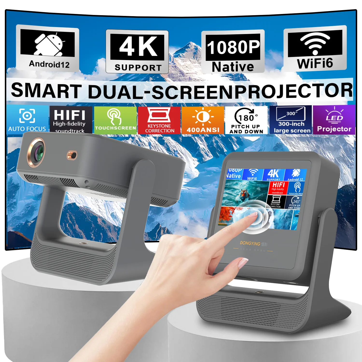 Netflix YouTube Compatible Projector 8'' Touchscreen, 4K 1080P Native - 180° Rotation, WiFi BT,  Office Gaming Outdoor