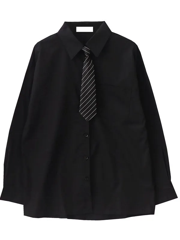 

Retro College Style Long Sleeve Black Shirt Unisex Casual Loose Fit Versatile Casual High-End Feelings Cool And Handsome