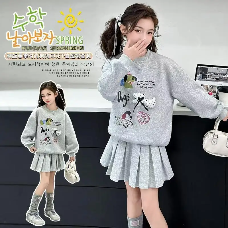 2025 الخريف الشتاء الفتيات مجموعة الملابس المراهقين إلكتروني الكلب قمصان سويت شيرت بقلنسوة تي شيرت + تنورة مطوي 4 8 10 12 14 سنة رياضية #1