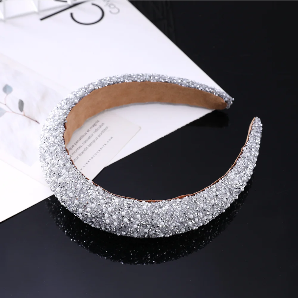 Funkelndes Strass-Haarband Elegante Kristall-Perlen-Haarbänder Breite Dicke Schwamm-Haarreifen Mädchen-Haaraccessoires Großhandel – Detail 8