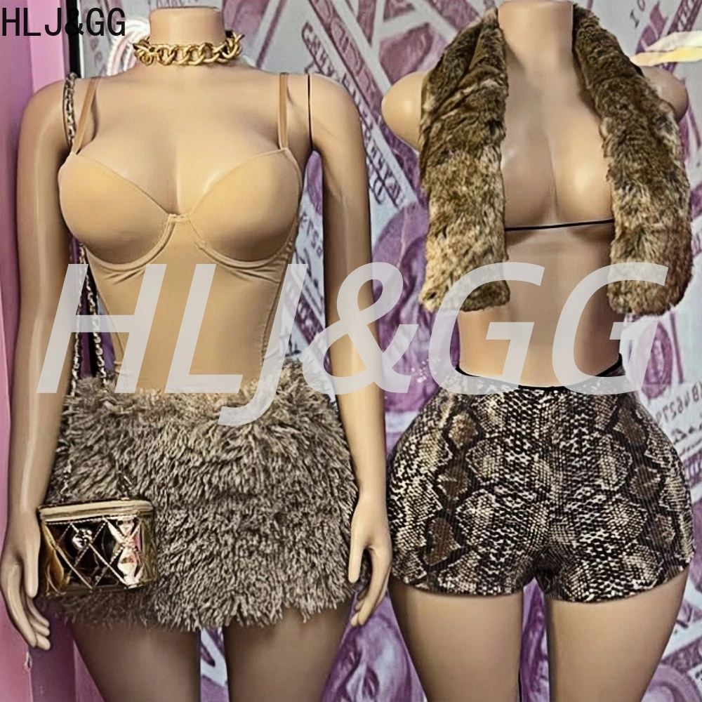 

HLJ&GG Fashion Fur Mini Skirts Two Piece Sets Spaghetti Strap Bodycon Bodysuits And Skirts Outfits Sexy Solid 2pcs Streetwear