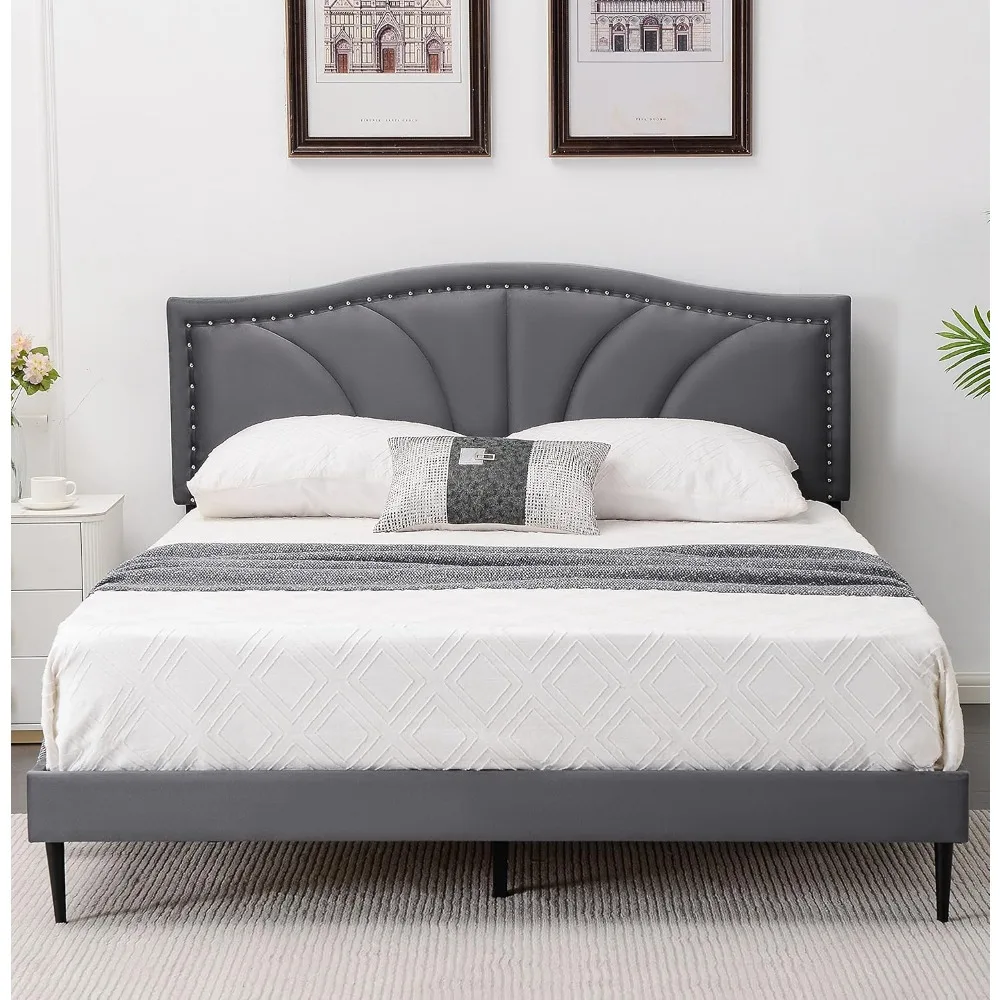 

Queen Size Bed Frame,Velvet Upholstered Platform Bed with Decorative Flower Line & Nailhead Trim Headboard with Wood Slat Suppor