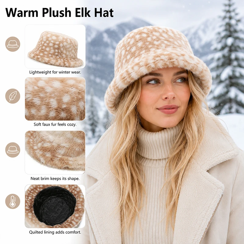 Women's Bucket Hat Comfortable Warm Mongolian Hat Deer Spot Fisherman Hat European American Winter Faux Fur Hats