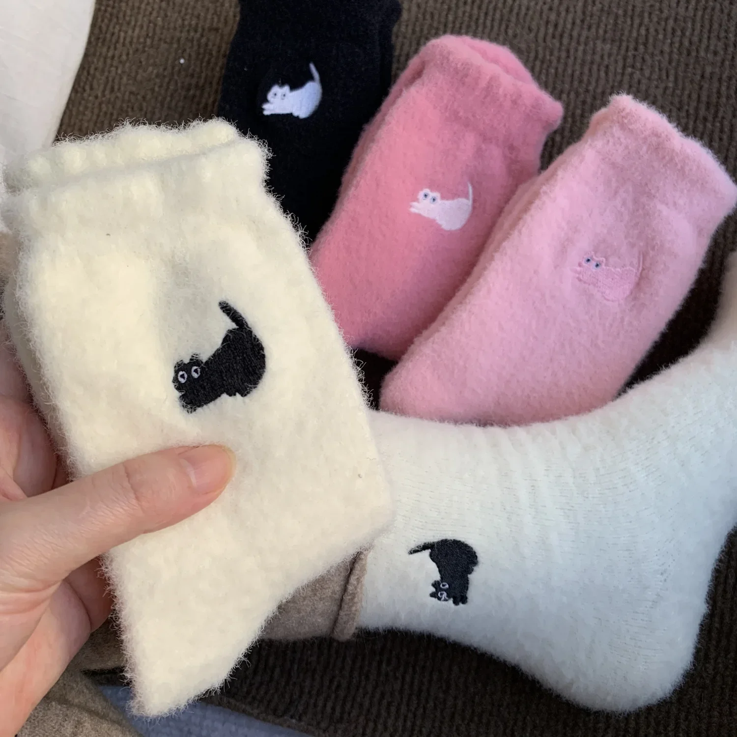 1/3Pairs Thicken Feel Cute Cat Cozy Hairy Mink Velvet Socks Autumn Winter Hosiery Thickened Plush Warm Sleep Home Fluffy Socks