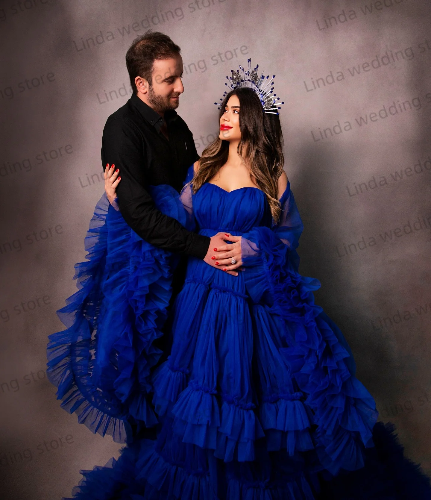 Blue Prom Dresses for Pregnancy Elegant Customized Maternity Dresses Photo Shooting Full Sleeve Tiered Pregnant Babyshower Gowns