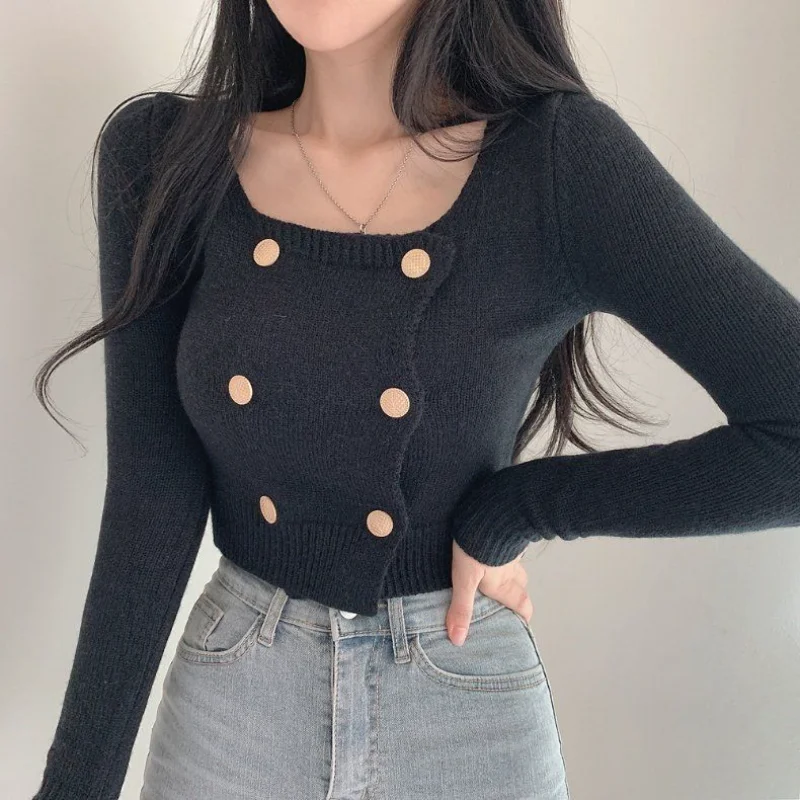 Cropped Pullovers Women Slim Long Sleeve Knitwear Korean Style Ins Sexy Fashion Chic Vintage Button Design Casual New Pull Mujer