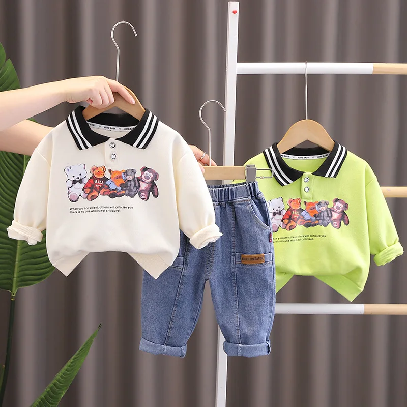 Korean Baby Boy Clothes 2023 Fall Cartoon Bear Turn-down Collar Long Sleeve Sweatshirts and Jeans Childrens Suit Toddler Outfits