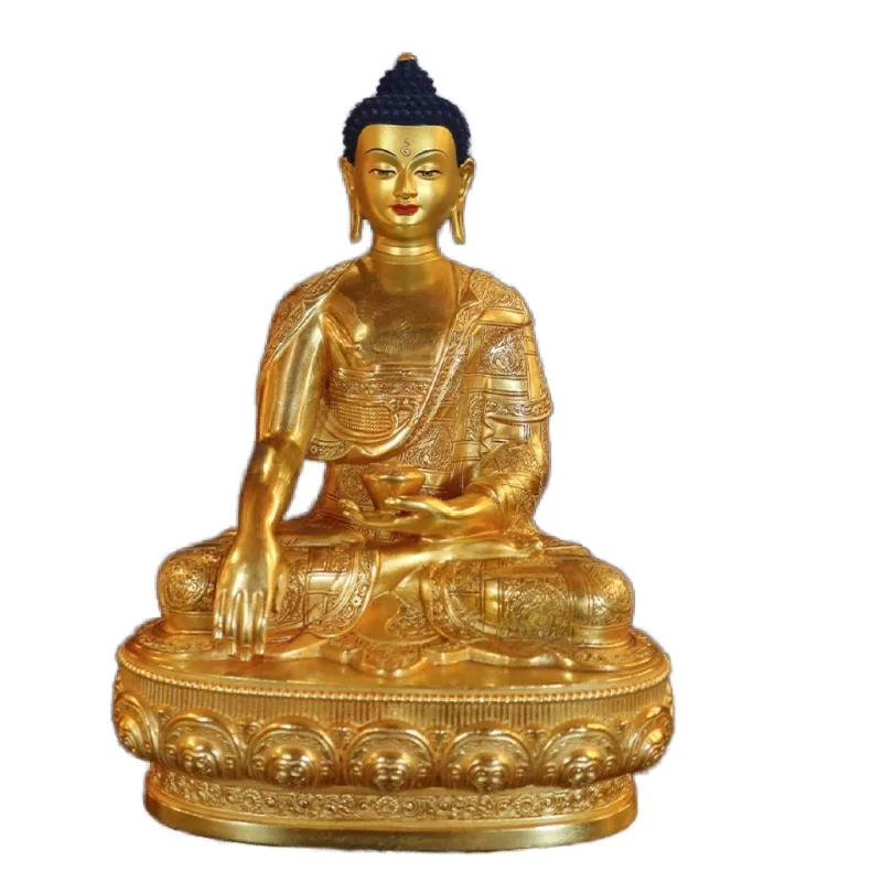 

Gold-plated bronze Buddha Sakyamuni statue Tibetan Buddhist carving type Polished metal craft Sanskrit mantra carving Prayer