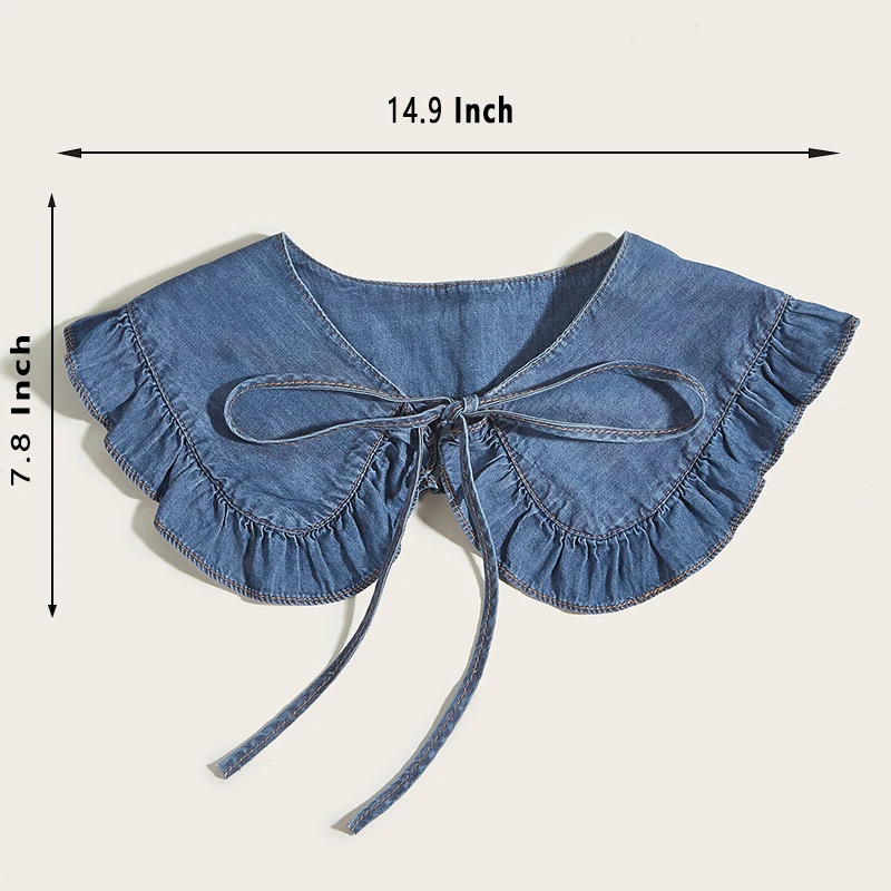 Women\'s Washed Denim Shawl Collar with Pleated Lace and Fashionable Fake Collar