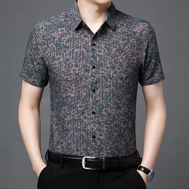 

Summer Men Short Sleeve Vintage Shirts Korean Fashion New Lapel Male Clothes Anti-Wrinkle Business Casual Loose Button Thin Tops