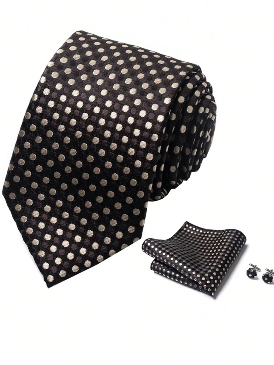 

Mens Polka Dot Necktie Pocket Square Cufflinks Set Brown Taupe 8cm Width For Wedding Work Holiday