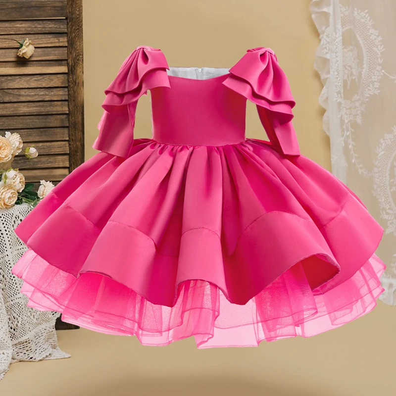 Kids Vintage Pink Barbie Party Dress Evening Prom Gown Girls Cinderella Dresses Girl Big Bow Fluffy Birthday Clothes Flash Wear