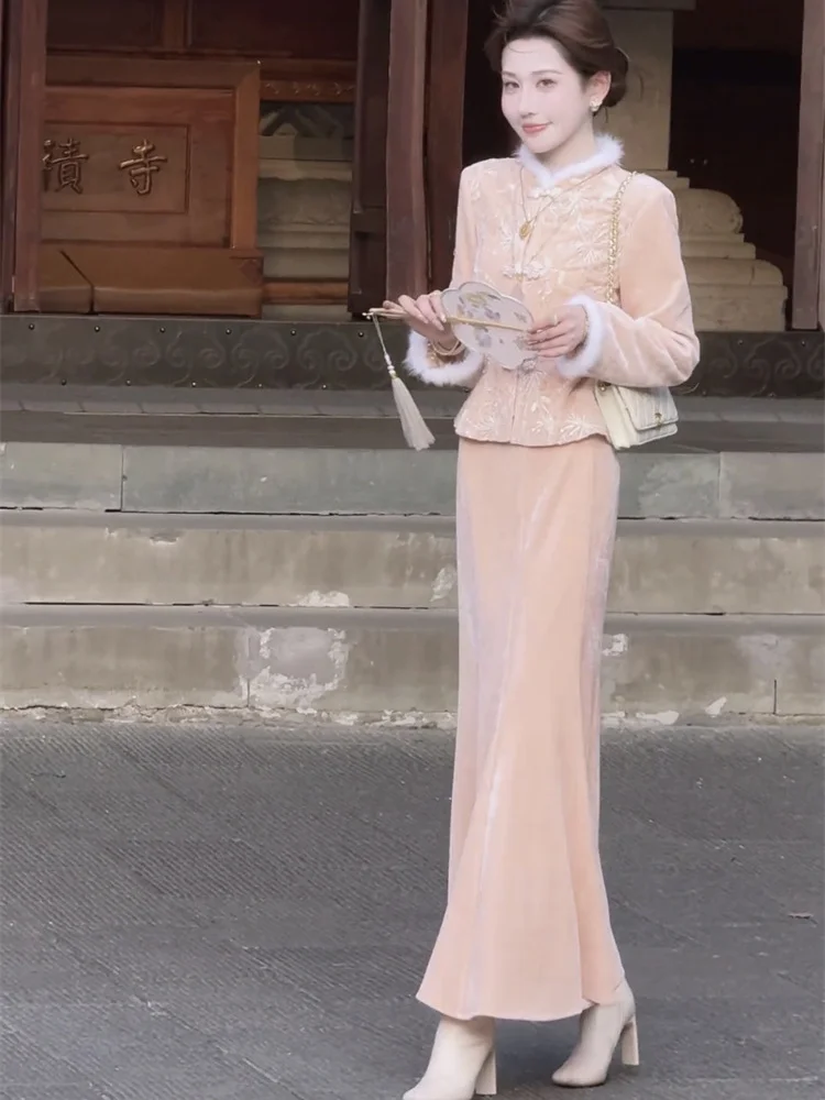 Velvet elegant temperament autumn and winter two-piece set women's new Chinese style slim fit jacket+half skirt set