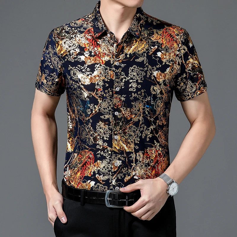 Summer New Lapel Beach Outfit with Hawaiian Style Double-sided Floral Chinese Fashion Casual Cardigan for Men with Short Sleeves