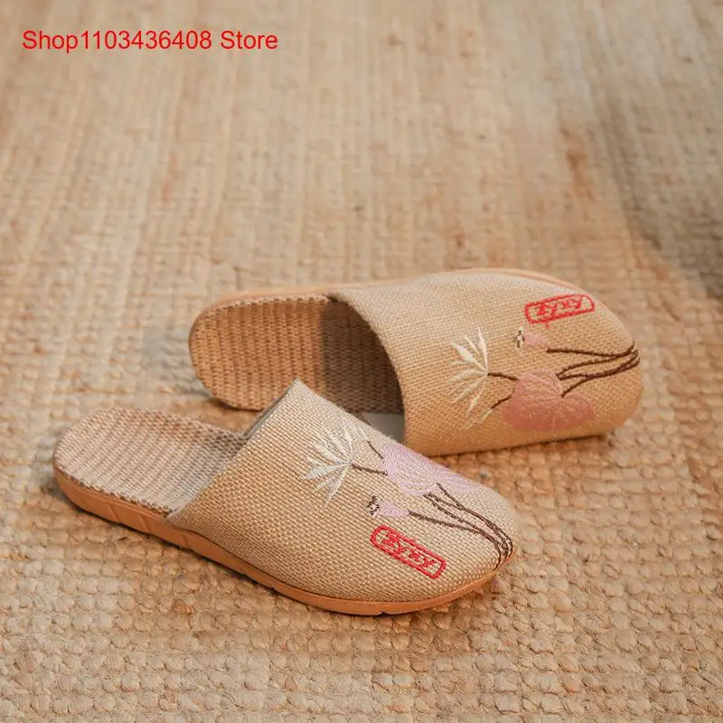 Linen Slippers Men and Women Baotou Cotton Linen Thick Bottom Embroidered Comfortable Couple Sweat Absorbing Floor Home