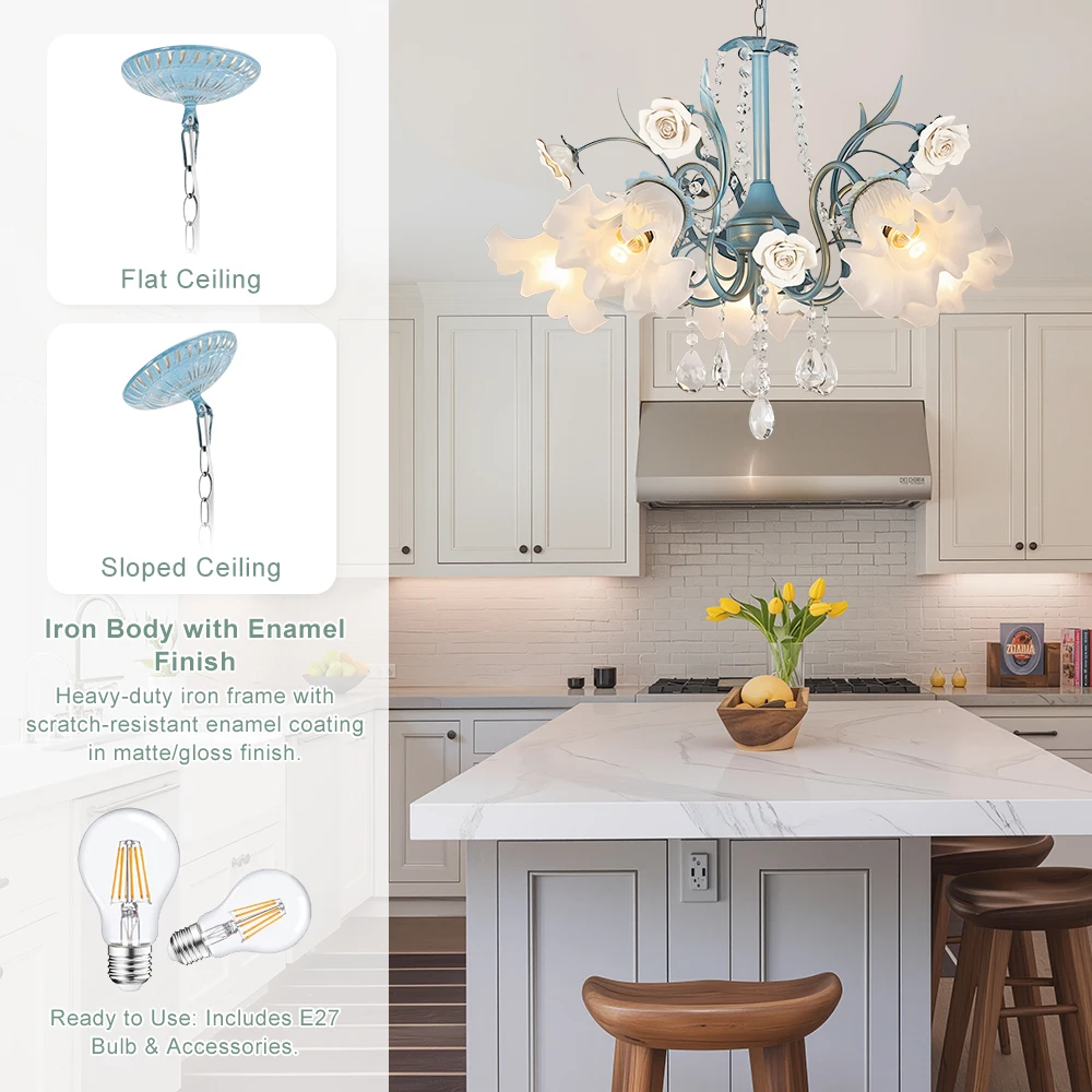 Nordic Luxury Flower Chandelier For Kitchen Table Living Room Bedroom Blue Iron Pendant Light With K9 Crystal Ceramic Roses