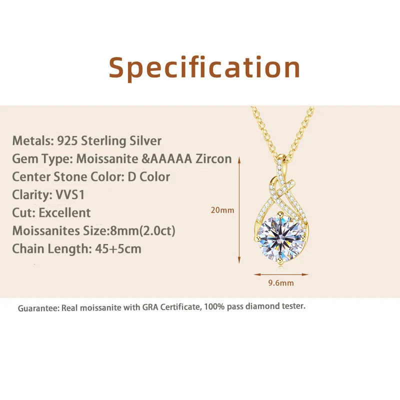 RAPRGOLD GRA Certified 2ct Moissanite Waterdrop Pendant Necklace for Women Exquisite cadena plata 925 Wedding Neck Jewelry Gifts