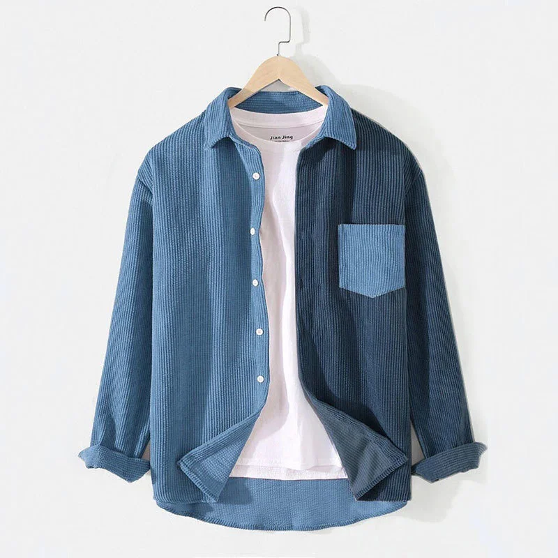 2025 autumn corduroy lapel contrasting color youth men's clothing Harajuku men's corduroy casual loose long sleeved shirt