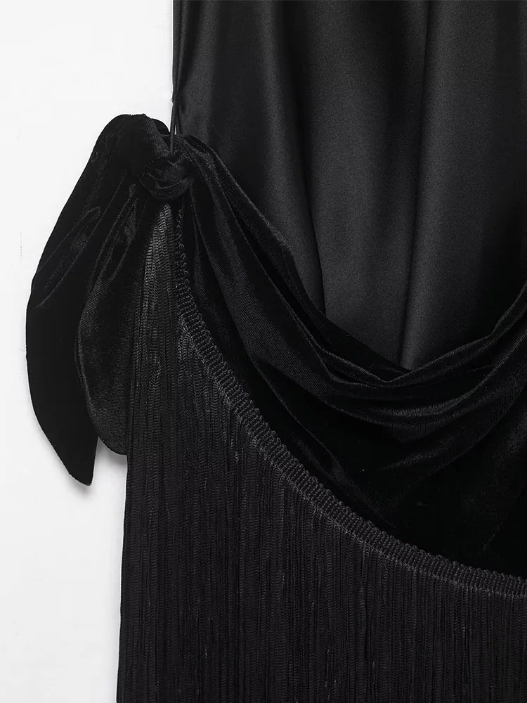 HH Frauen Mode Fransen Samt Patchwork Party Langes Kleid Weibliche Elegante Schwarze Abendkleid Sexy Ärmelloses Hosenträger Kleid