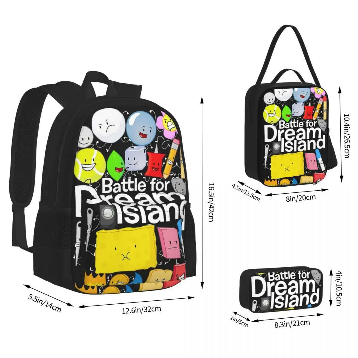 BFDI Poster Backpacks Boys Girls Bookbag Students School Bags Cartoon Kids Rucksack Lunch Bag Pen Bag Three-Piece Set