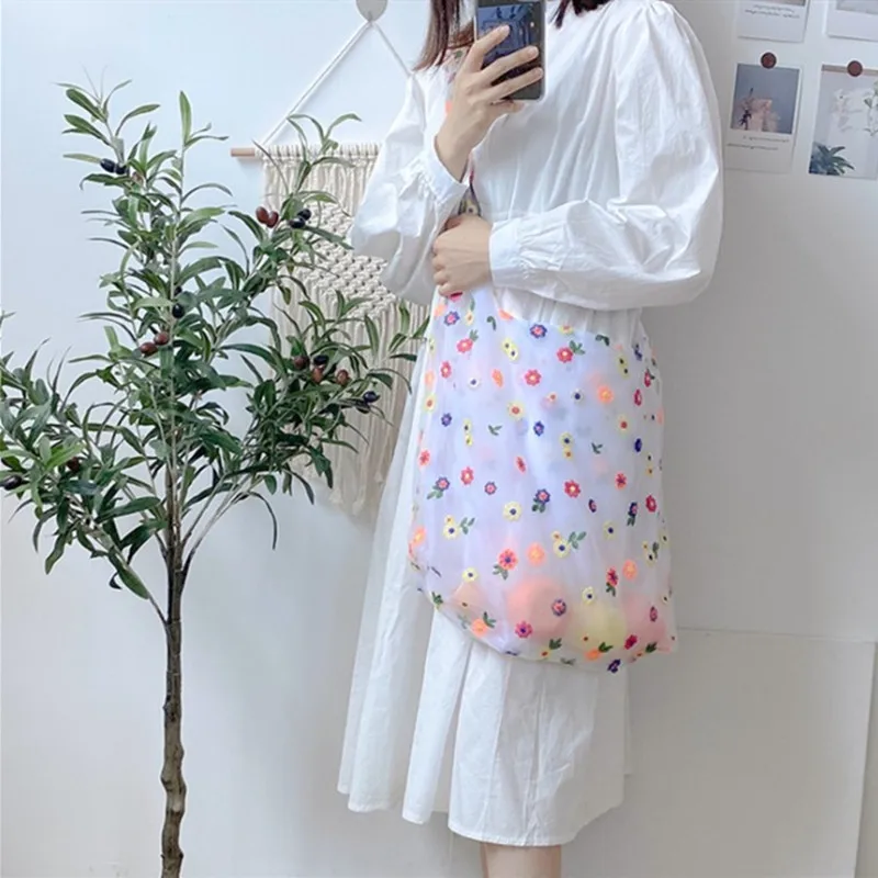 Women Flower Embroidery Shopper Bag Organza Mesh Shopping Shoulder Bags Eco-friendly Folding Portable Grocery Tote Bags