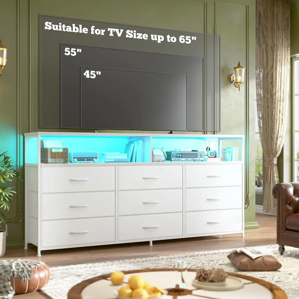 Cômoda ou Conjunto de Quarto Branco de 55'' com 9 Gavetas, Suporte para TV LED para TVs de 45-65 Polegadas, Cômoda Robusta com 2 Prateleiras Extras