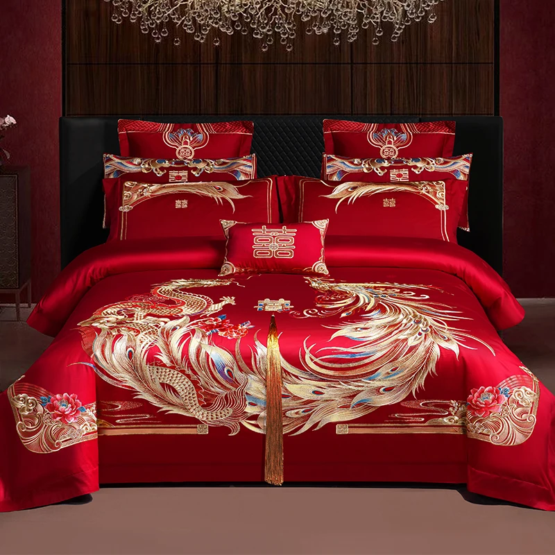 4/6/9Pcs Red Luxury Chinese Golden Dragon Phoenix Embroidery Wedding Bedding Set 100% Cotton Duvet Cover Bed Sheet Pillowcases