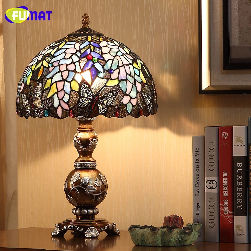 FUMAT European Creative Table Lamps Light Stained Glass Wisteria Glass Shade Table Lights For Living Room Bedside Art Table Lamp