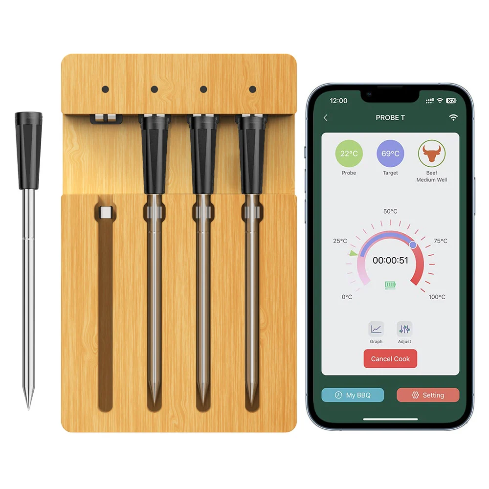 

Smart High Quality Remote Monitoring Wireless Smart Meat Thermometer 4 Probes With Smart APP