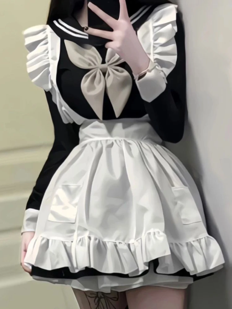 

Japanese Kawaii Two Piece Set Women Bow Cosplay Casual Lolita Mini Dress Set Female Cute Long Sleeve Short Sweet Suit 2023 New