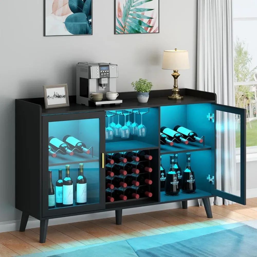 Bar Cabinet with LED Lights, Home Coffee Cabinet with Wine Rack and Glass Rack, Buffet Sideboard with Storage Rack