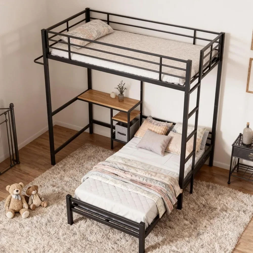 

Over Twin Bunk Bed with Desk, Storage Shelves and Drawers, L-Shaped Metal Full Over Twin Bunk Bed with Safety