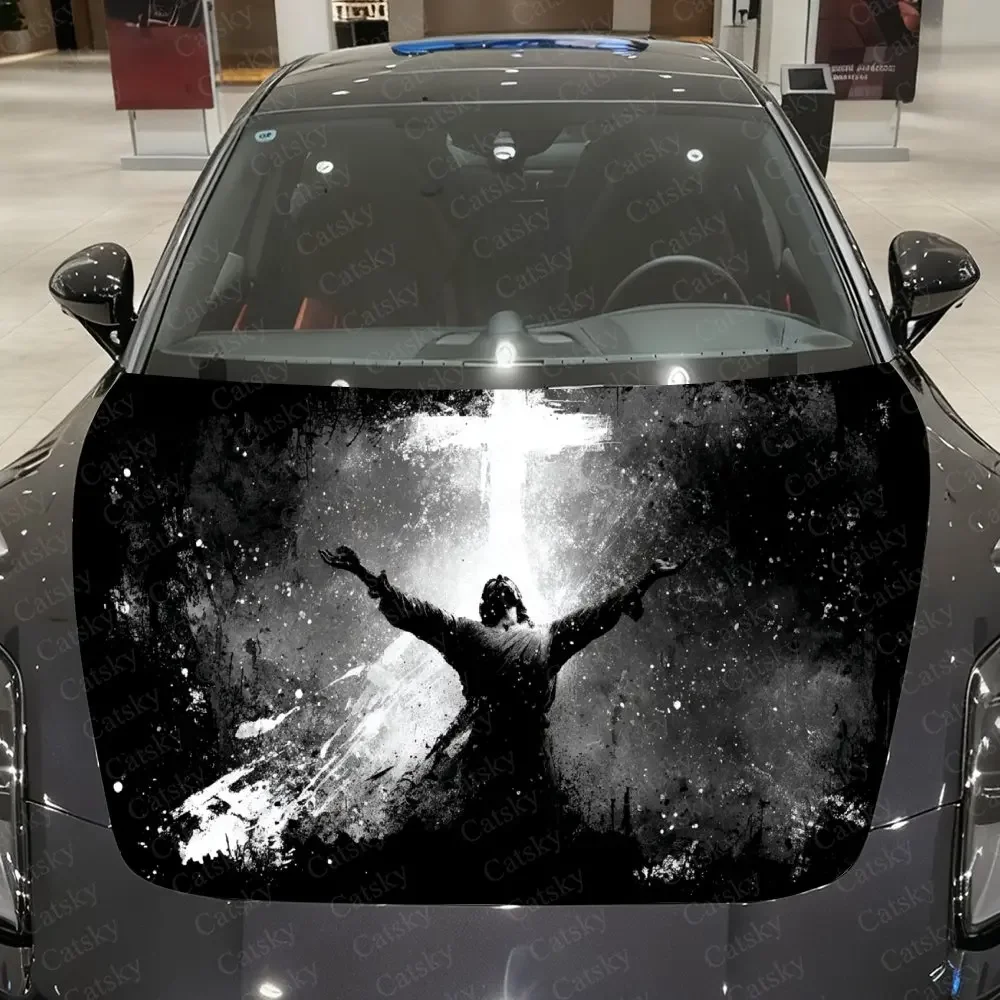 Galaxy Cross Prayer Figure Car Vinyl Wrap, PVC Waterproof Car Hood Sticker, Self-Adhesive Scratch-Resistant Stickers