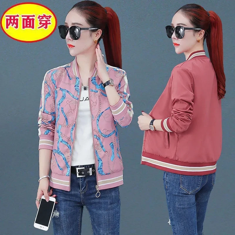 5XL Spring Autumn Women Jacket Fashion Casual Hooded Two Side Wear Print Outwear Women Loose Coat Female Windbreaker Tops Q356