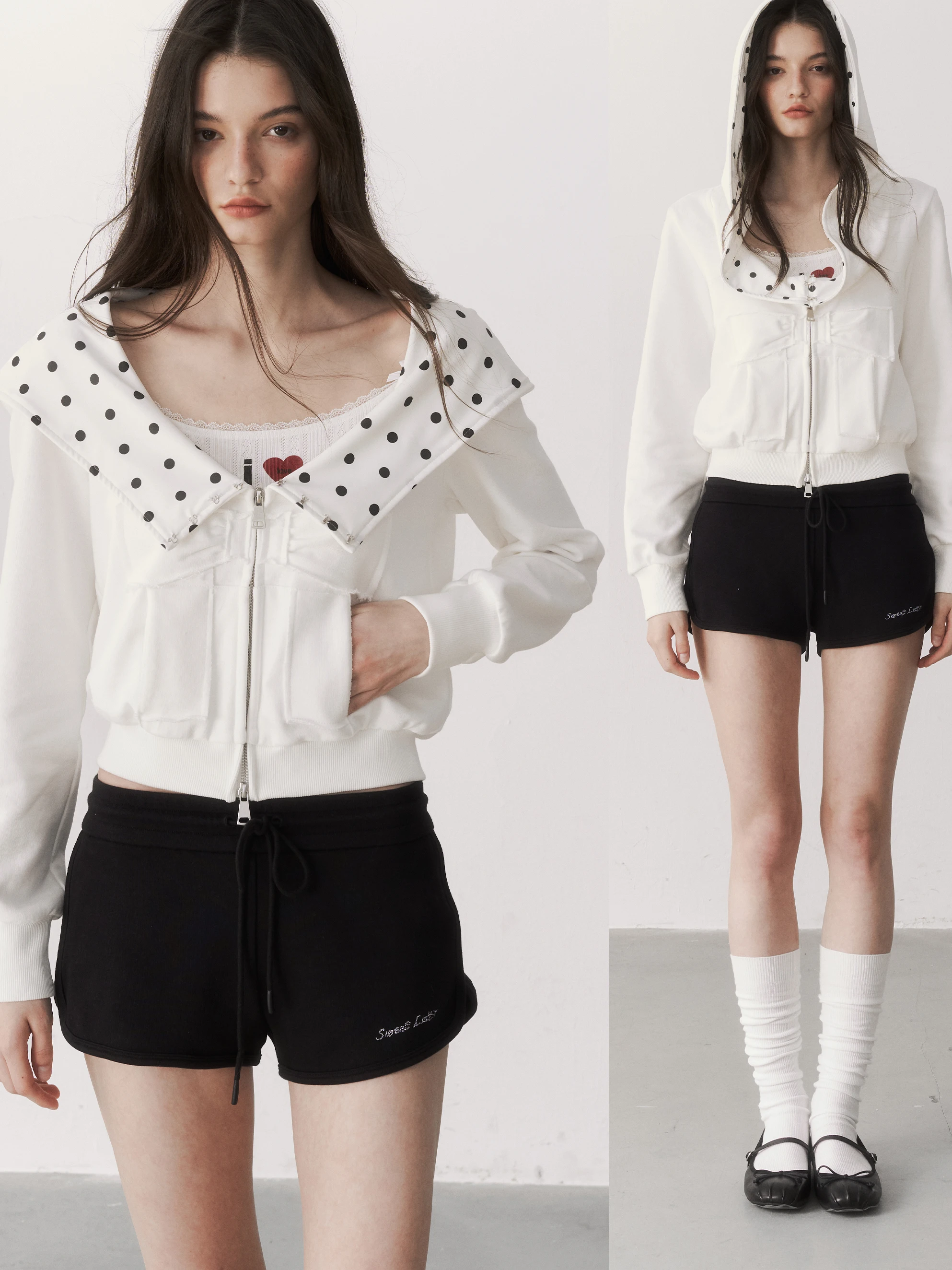 

Sweet Letter Polka Dot Bow Tie Zipper Hoodie ort Casual Top White Cotton Spring Summer Women's Faion Hooded Sweatirt