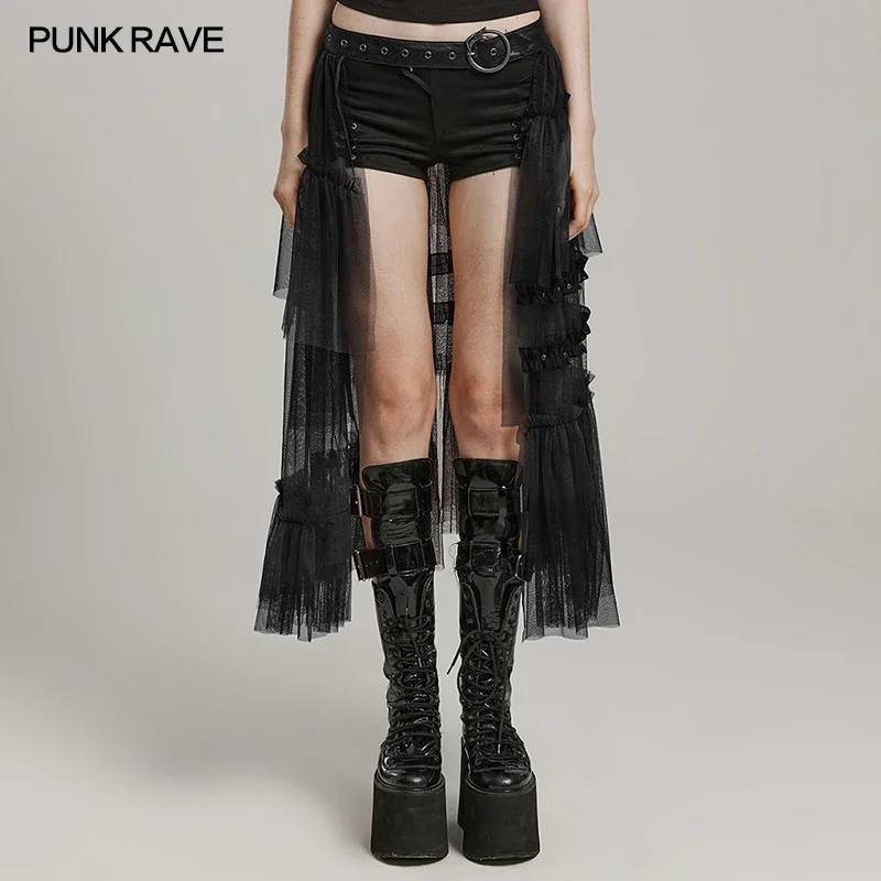 

PUNK RAVE Women's Sweet Cool Rich Layers Asymmetrical Mesh Skirt Punk Crackled Belt Decoration 3 Colors Available Women Clothes