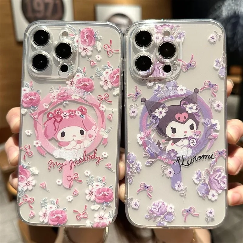 Lovely Sanrios Hellokitty Kuromi Magsafe Magnetic Phone for IPhone 16 15 14 13 12 11 8 7 Plus Pro Max X XR XSMax Flowers Cover