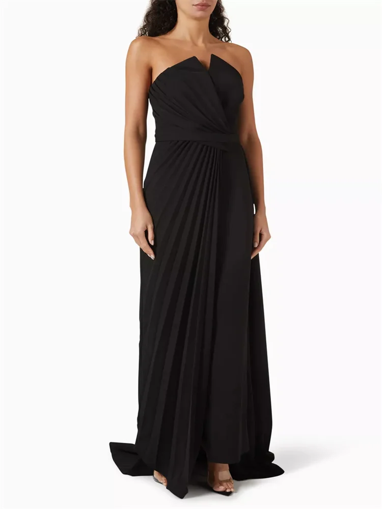 

New Arrival Strapless Neckline Crepe Trumpet Evening Dress Sexy Open Back Zipper Floor Length Sweep Train Gown For Women 2024