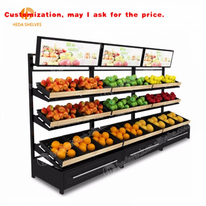 custom.Supermarket Quality Single-Sided Fruit and Vegetable Rack Light Duty Display Stand in Metal Wood Steel Store Use