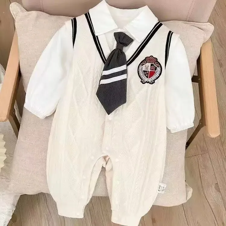 Elegant Baby Boy Romper Outfit - Double-Layer Fabric Gentleman Style Photoshoot & Outdoor Clothing for Spring Autumn