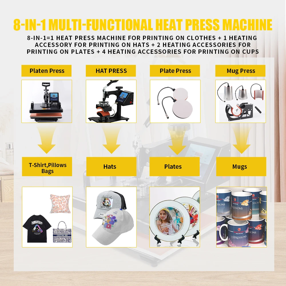 Cheap 30*38CM 8 in 1 Combo Heat press Machine Sublimation Printer 2D Heat Transfer Machine for Cap Mug Plate Tshirts CE Approved